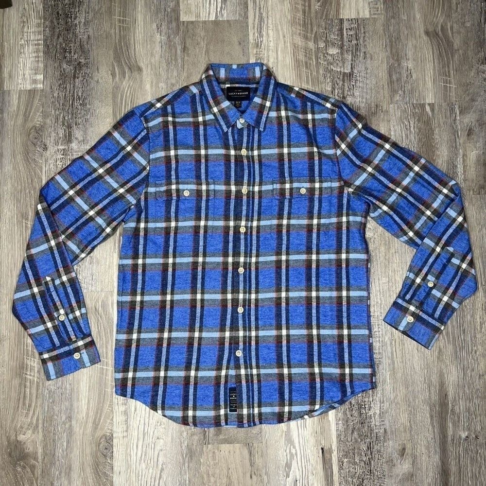 Lucky Brand Flannel Mens Medium Blue Long Sleeve Plaid Cotton Button Up Shirt